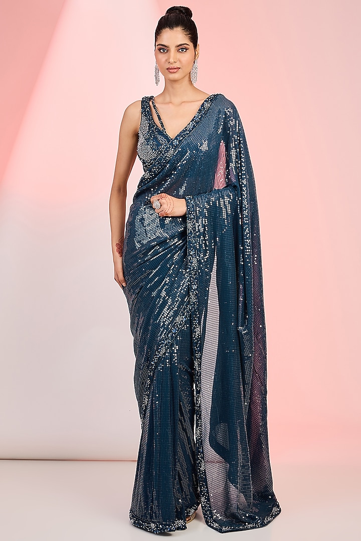 Dark Blue Georgette Sequins & Cutdana Hand Embroidered Saree Set by MeenaGurnam at Pernia's Pop Up Shop