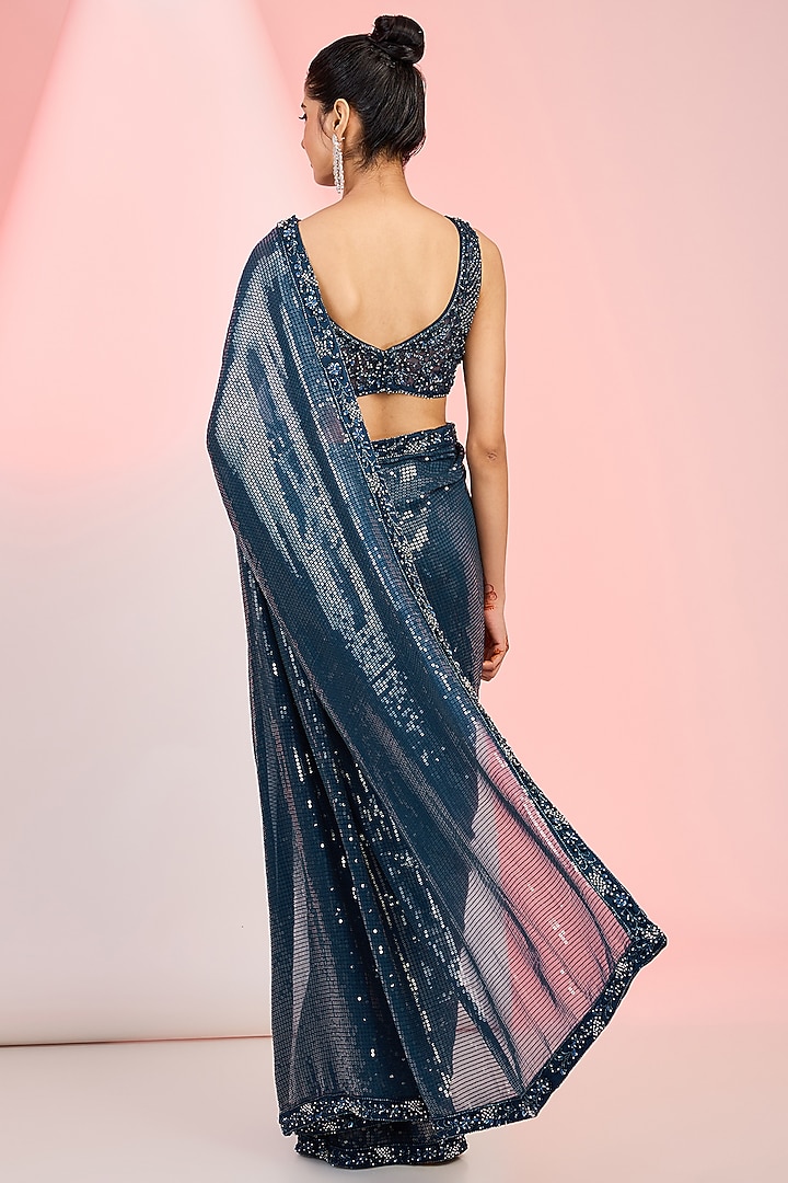 Dark Blue Georgette Sequins & Cutdana Hand Embroidered Wedding Saree Set by MeenaGurnam at Pernia's Pop Up Shop