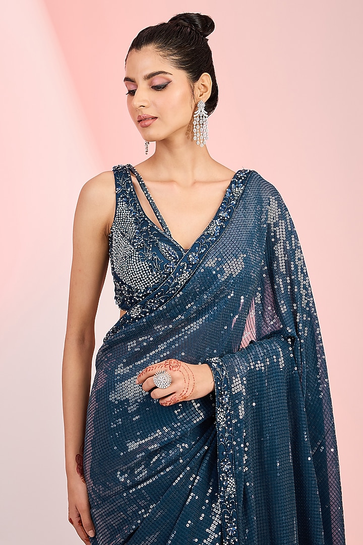 Dark Blue Georgette Sequins & Cutdana Hand Embroidered Wedding Saree Set by MeenaGurnam at Pernia's Pop Up Shop