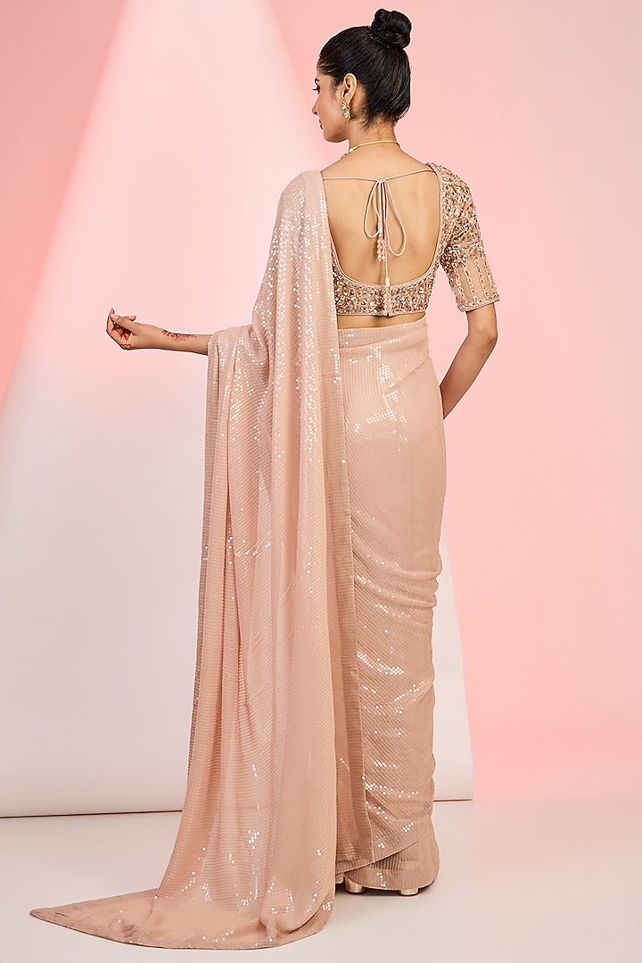 Rose Gold Georgette Sequins & Cutdana Hand Embellished Party Wear Saree Set by MeenaGurnam at Pernia's Pop Up Shop