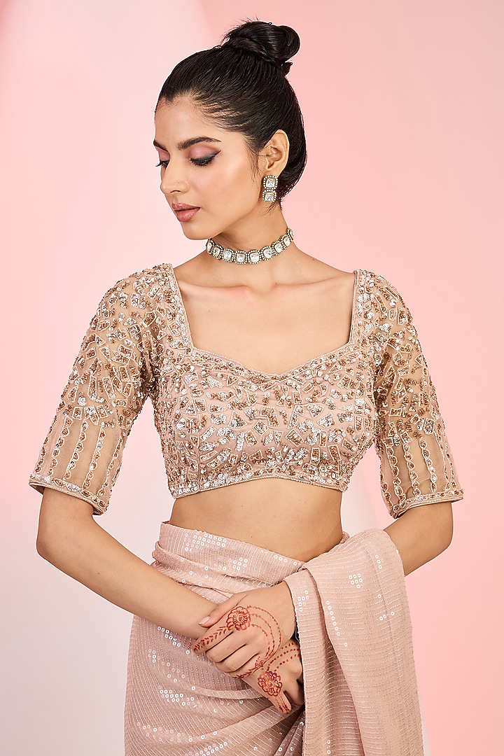 Rose Gold Georgette Sequins & Cutdana Hand Embellished Party Wear Saree Set by MeenaGurnam at Pernia's Pop Up Shop