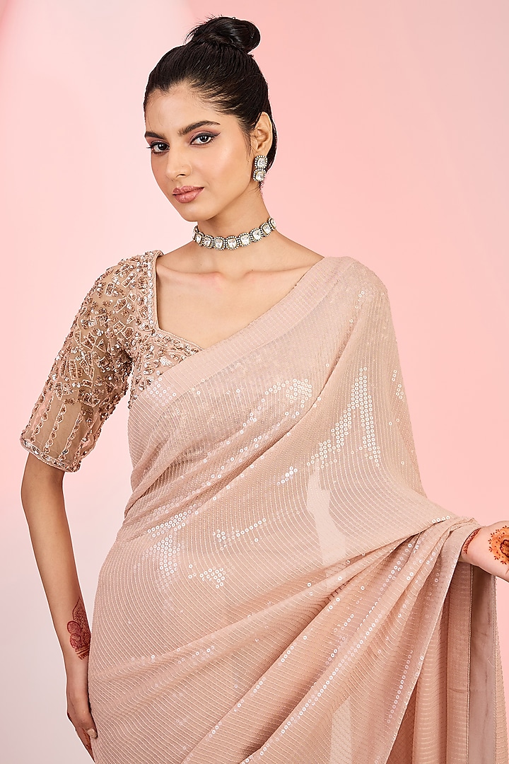 Rose Gold Georgette Sequins & Cutdana Hand Embellished Party Wear Saree Set by MeenaGurnam at Pernia's Pop Up Shop