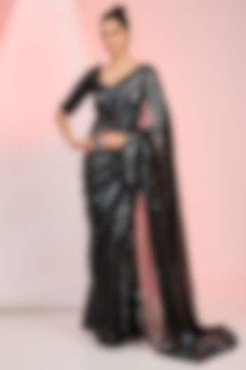 Black Sequins & Cutdana Hand Embellished Saree Set by MeenaGurnam at Pernia's Pop Up Shop