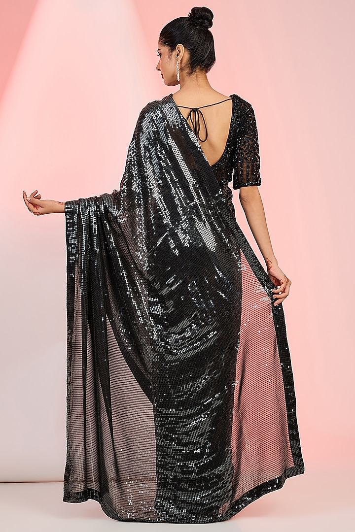 Black Sequins & Cutdana Hand Embellished Party Wear Saree Set by MeenaGurnam at Pernia's Pop Up Shop