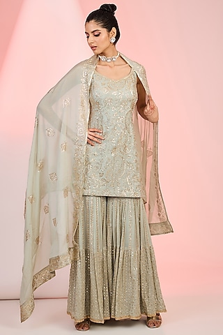Pista Green Chinon Sequins Embroidered Sharara Set by MeenaGurnam