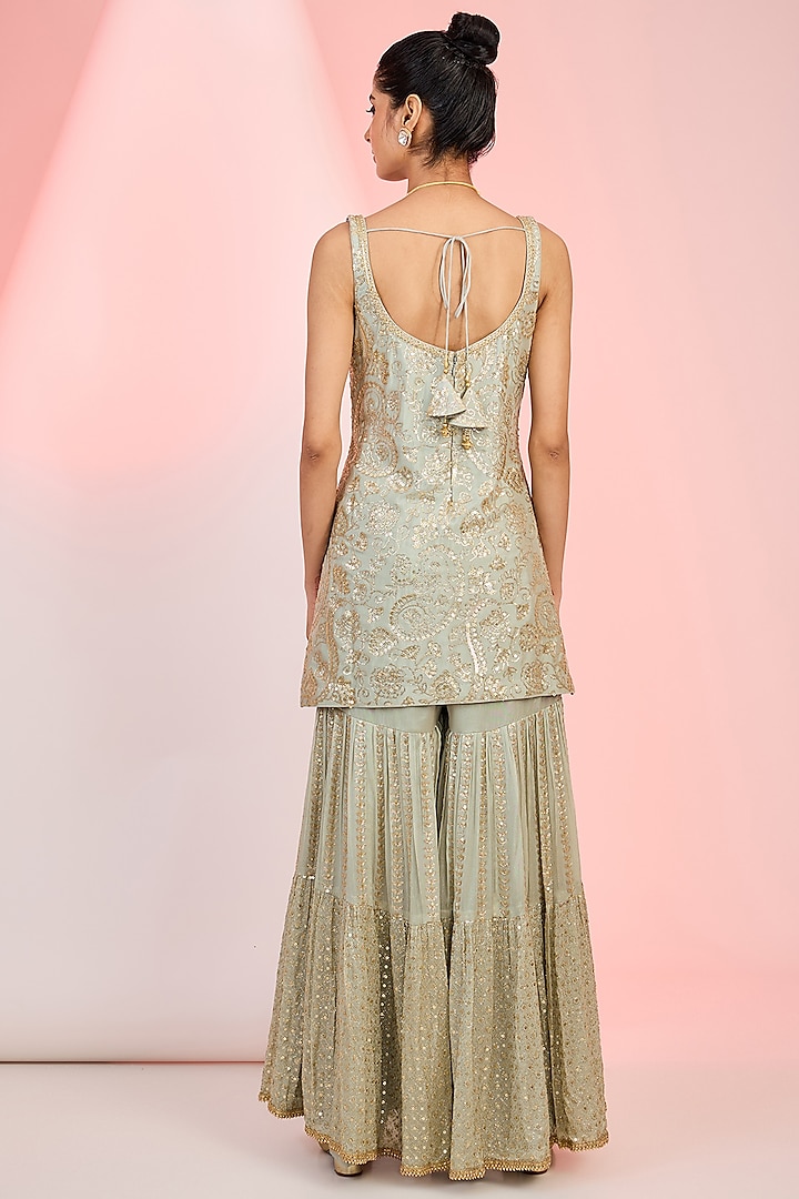 Pista Green Chinon Sequins Embroidered Party Wear Sharara Set by MeenaGurnam at Pernia's Pop Up Shop