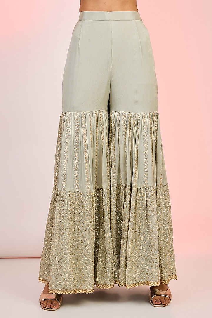 Pista Green Chinon Sequins Embroidered Party Wear Sharara Set by MeenaGurnam at Pernia's Pop Up Shop