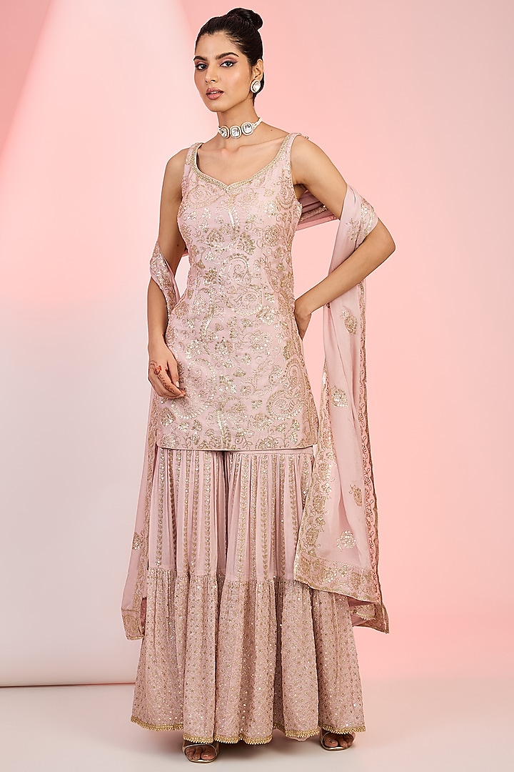 Light Pink Georgette Sequins Embroidered Sharara Set by MeenaGurnam at Pernia's Pop Up Shop