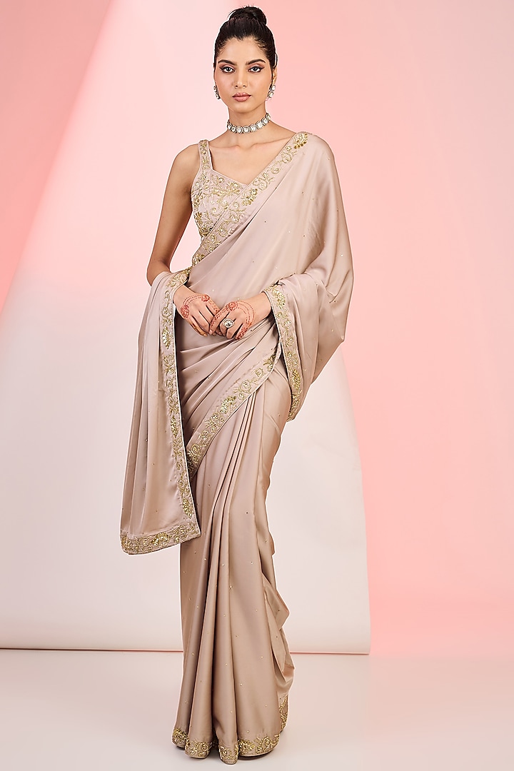 Dusky Mauve Armani Satin Sequins Hand Embellished Saree Set by MeenaGurnam