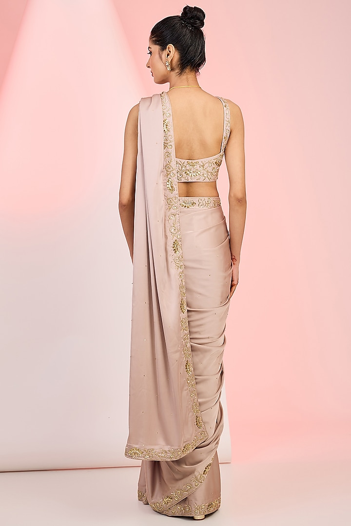 Dusky Mauve Armani Satin Sequins Hand Embellished Wedding Saree Set by MeenaGurnam at Pernia's Pop Up Shop