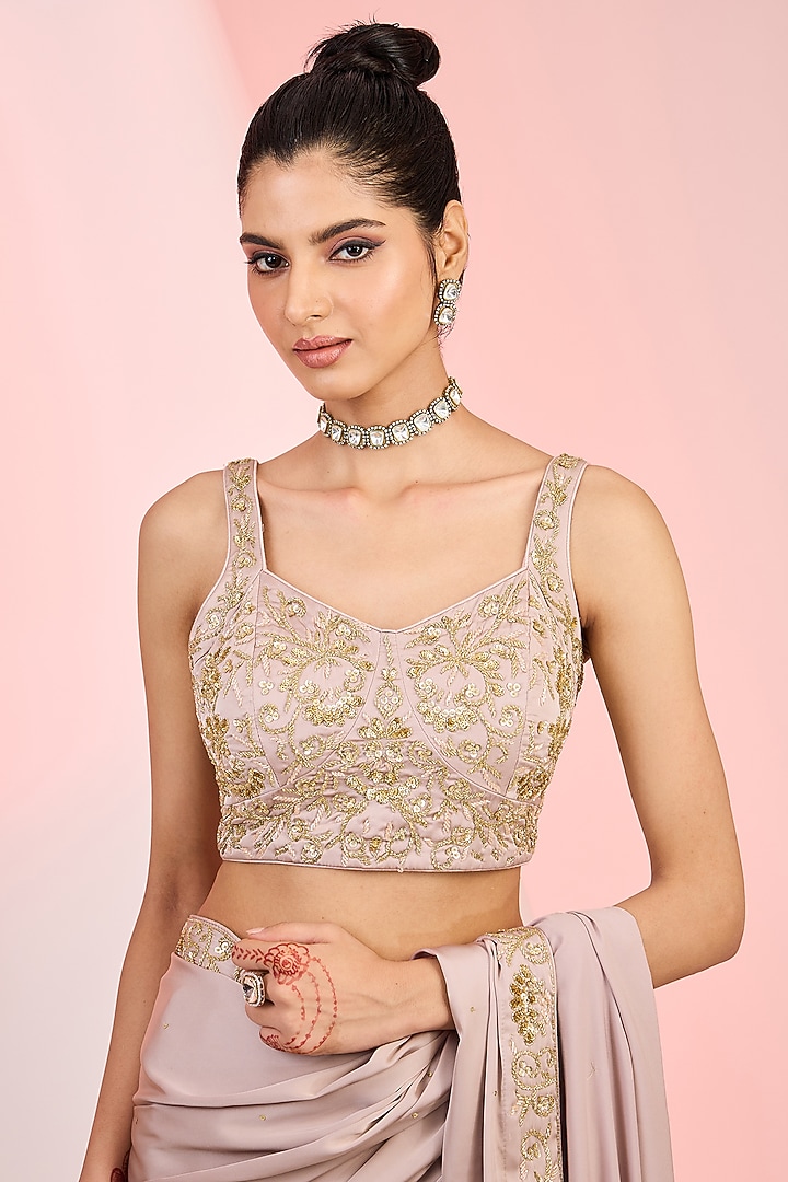 Dusky Mauve Armani Satin Sequins Hand Embellished Wedding Saree Set by MeenaGurnam at Pernia's Pop Up Shop