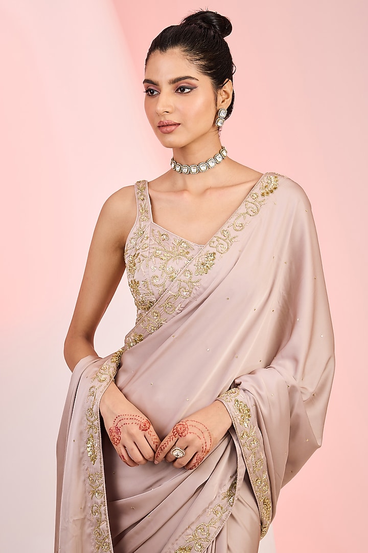 Dusky Mauve Armani Satin Sequins Hand Embellished Wedding Saree Set by MeenaGurnam at Pernia's Pop Up Shop
