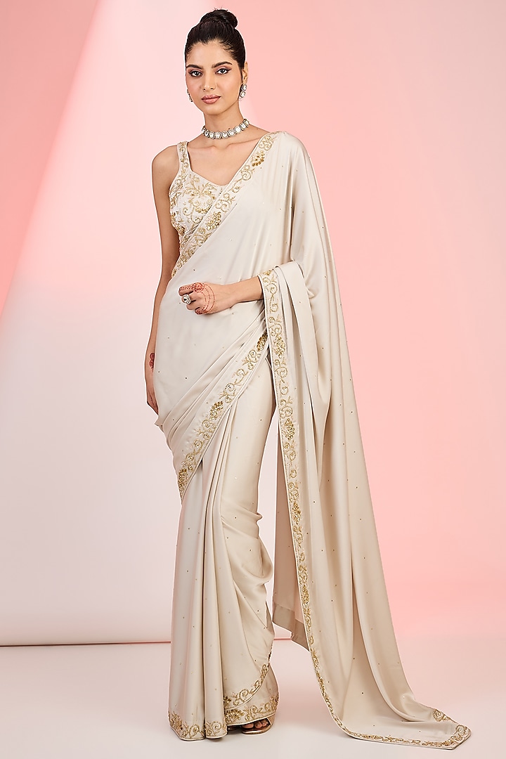 Silky Silver Armani Satin Sequins Hand Embellished Saree Set by MeenaGurnam at Pernia's Pop Up Shop