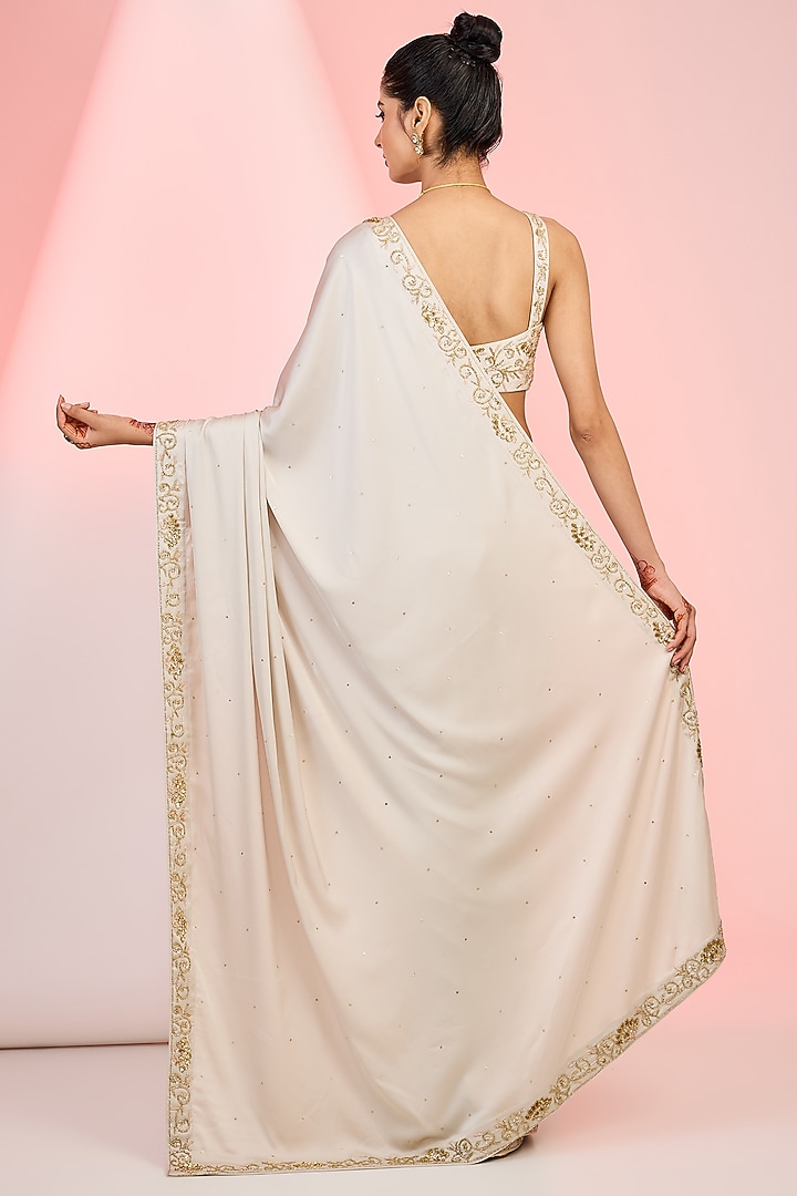 Silky Silver Armani Satin Sequins Hand Embellished Wedding Saree Set by MeenaGurnam at Pernia's Pop Up Shop