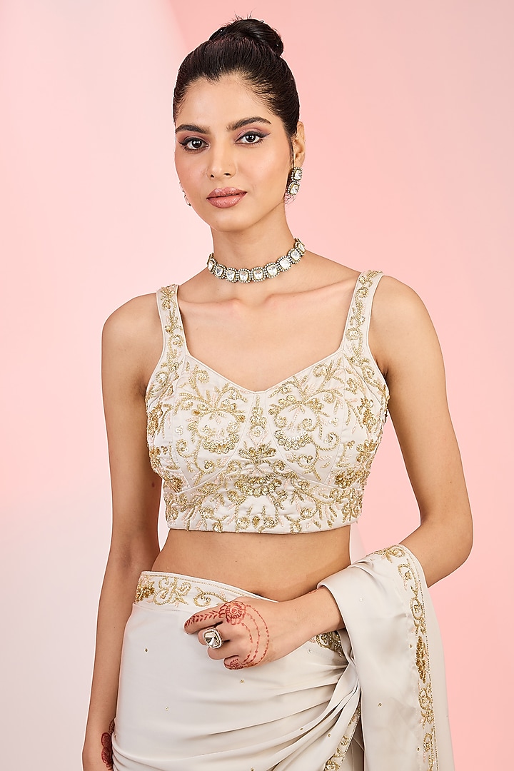 Silky Silver Armani Satin Sequins Hand Embellished Wedding Saree Set by MeenaGurnam at Pernia's Pop Up Shop
