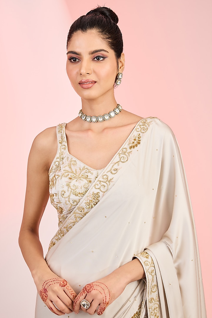 Silky Silver Armani Satin Sequins Hand Embellished Wedding Saree Set by MeenaGurnam at Pernia's Pop Up Shop