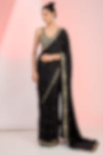 Black Armani Satin Sequins Hand Embellished Saree Set by MeenaGurnam