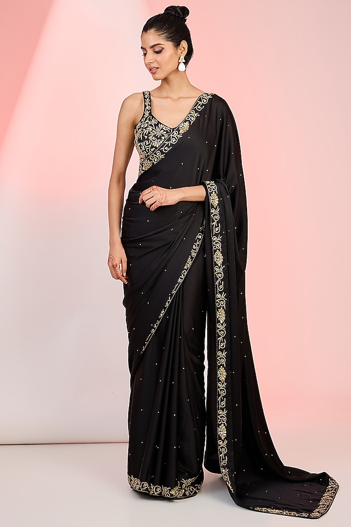 Black Armani Satin Sequins Hand Embellished Saree Set by MeenaGurnam