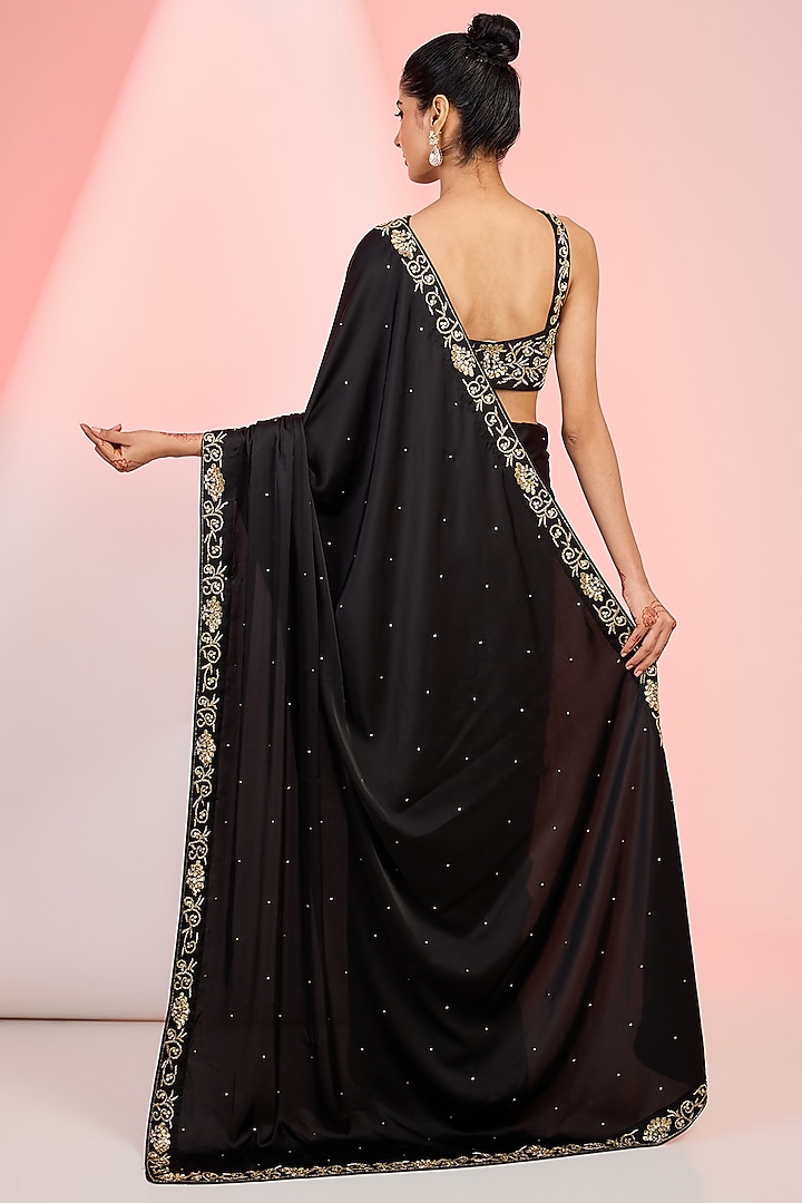 Black Armani Satin Sequins Hand Embellished Wedding Saree Set by MeenaGurnam at Pernia's Pop Up Shop