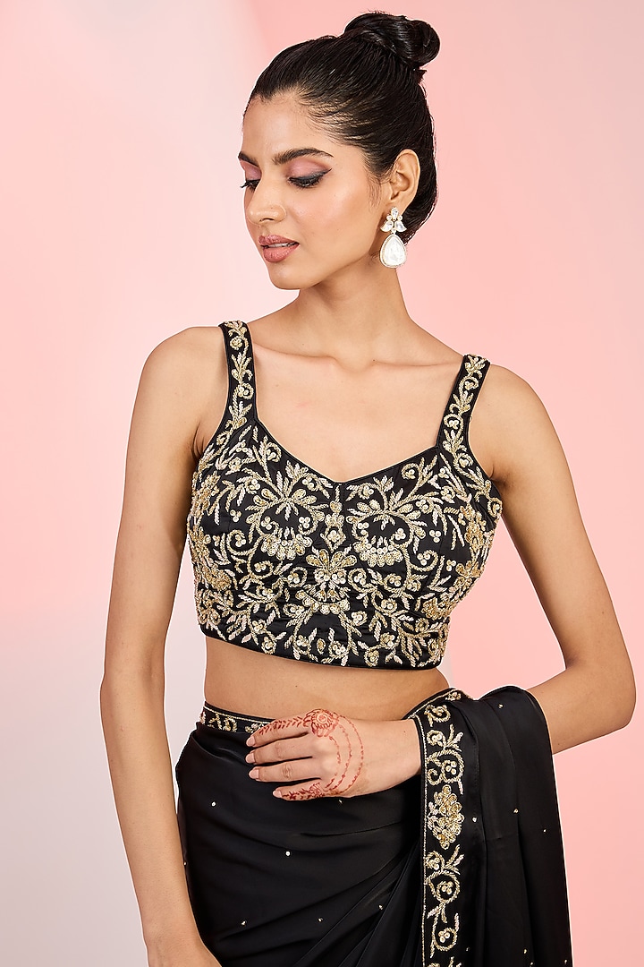 Black Armani Satin Sequins Hand Embellished Wedding Saree Set by MeenaGurnam at Pernia's Pop Up Shop
