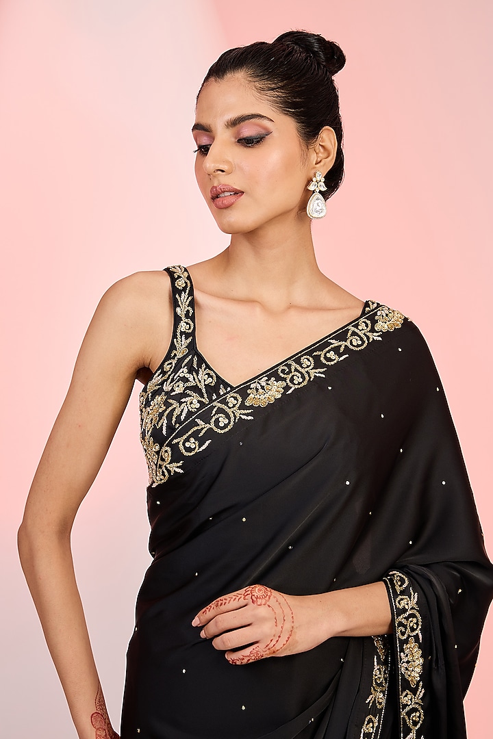 Black Armani Satin Sequins Hand Embellished Wedding Saree Set by MeenaGurnam at Pernia's Pop Up Shop