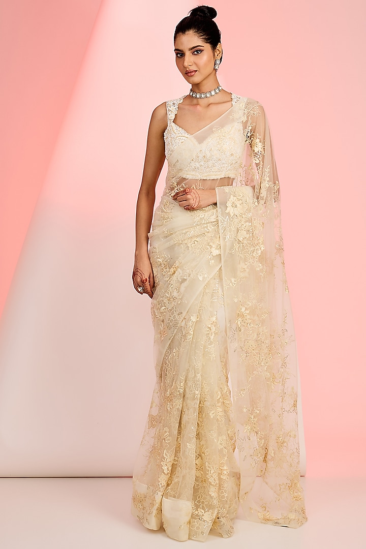 Ivory Net Floral Sequins Hand Embellished Saree Set by MeenaGurnam at Pernia's Pop Up Shop