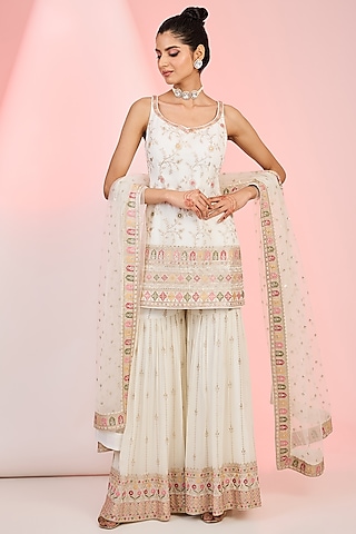 Off-White Georgette Geometric Beads Hand Embellished Sharara Set by MeenaGurnam