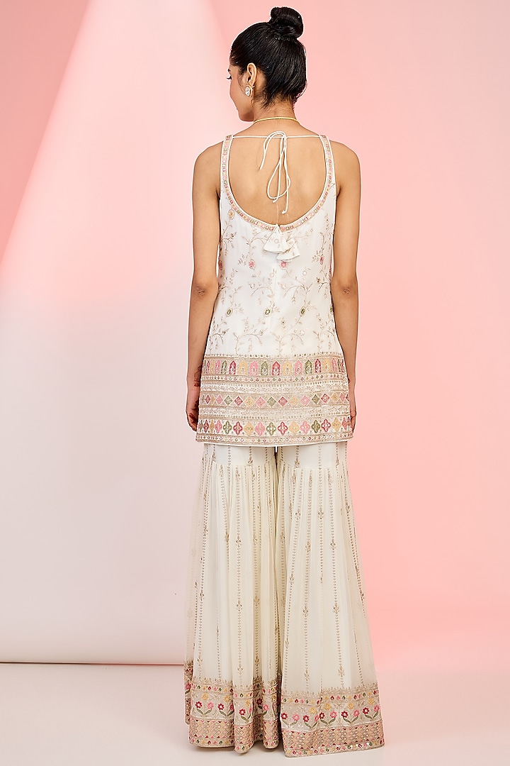 Off-White Georgette Geometric Beads Hand Embellished Party Wear Sharara Set by MeenaGurnam at Pernia's Pop Up Shop