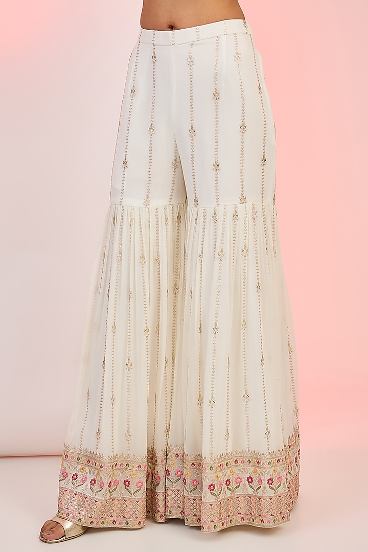 Off-White Georgette Geometric Beads Hand Embellished Party Wear Sharara Set by MeenaGurnam at Pernia's Pop Up Shop