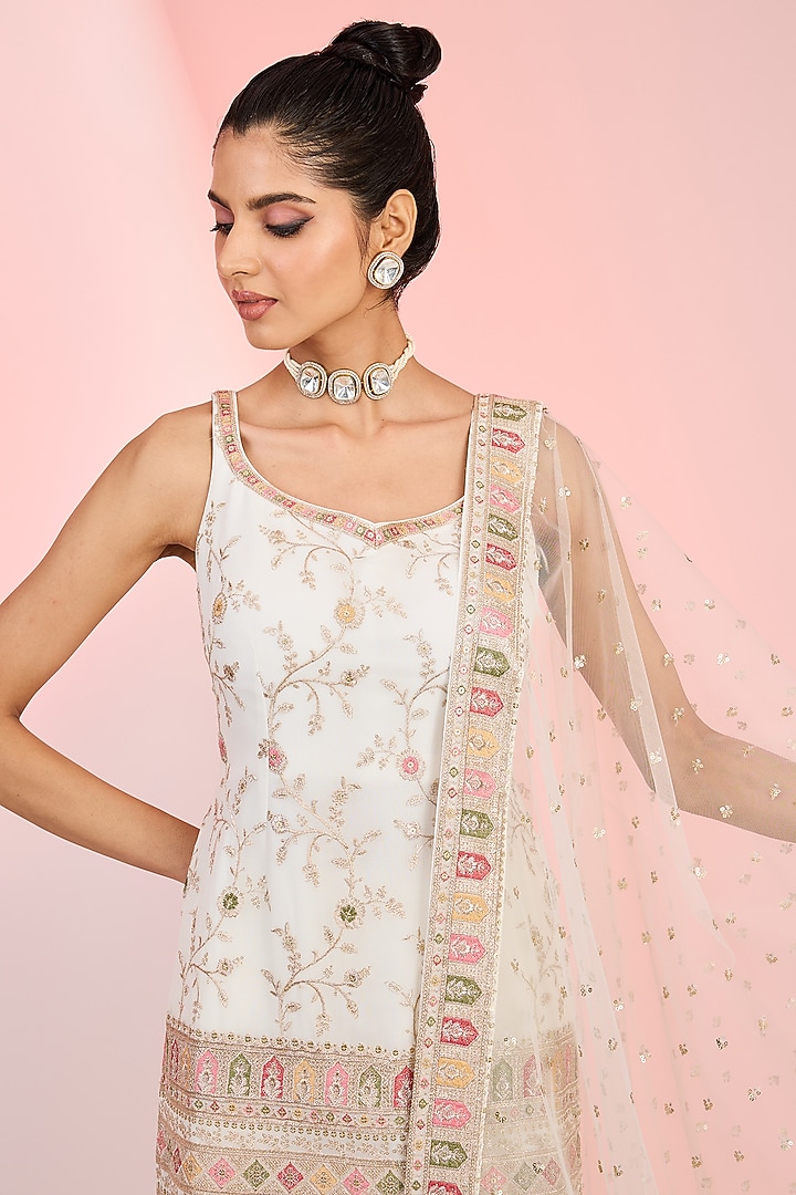 Off-White Georgette Geometric Beads Hand Embellished Party Wear Sharara Set by MeenaGurnam at Pernia's Pop Up Shop