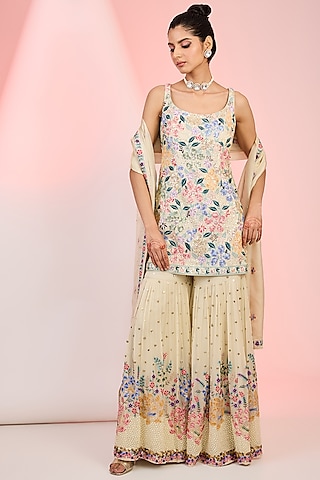 Beige Tissue Beads Hand Embellished Sharara Set by MeenaGurnam