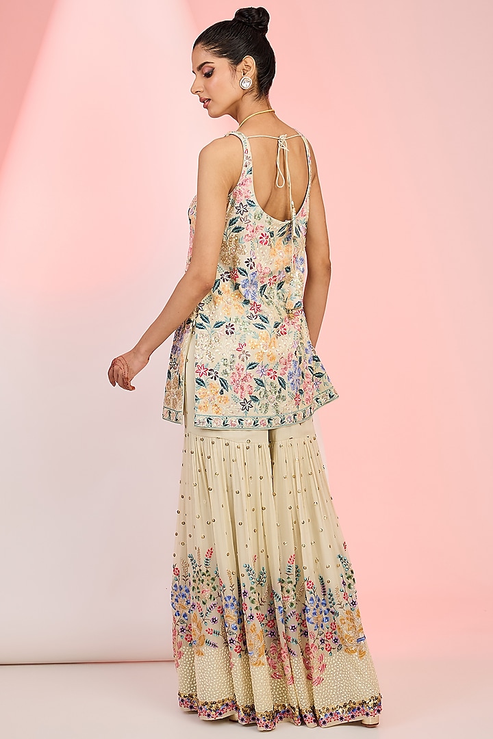 Beige Tissue Beads Hand Embellished Party Wear Sharara Set by MeenaGurnam at Pernia's Pop Up Shop