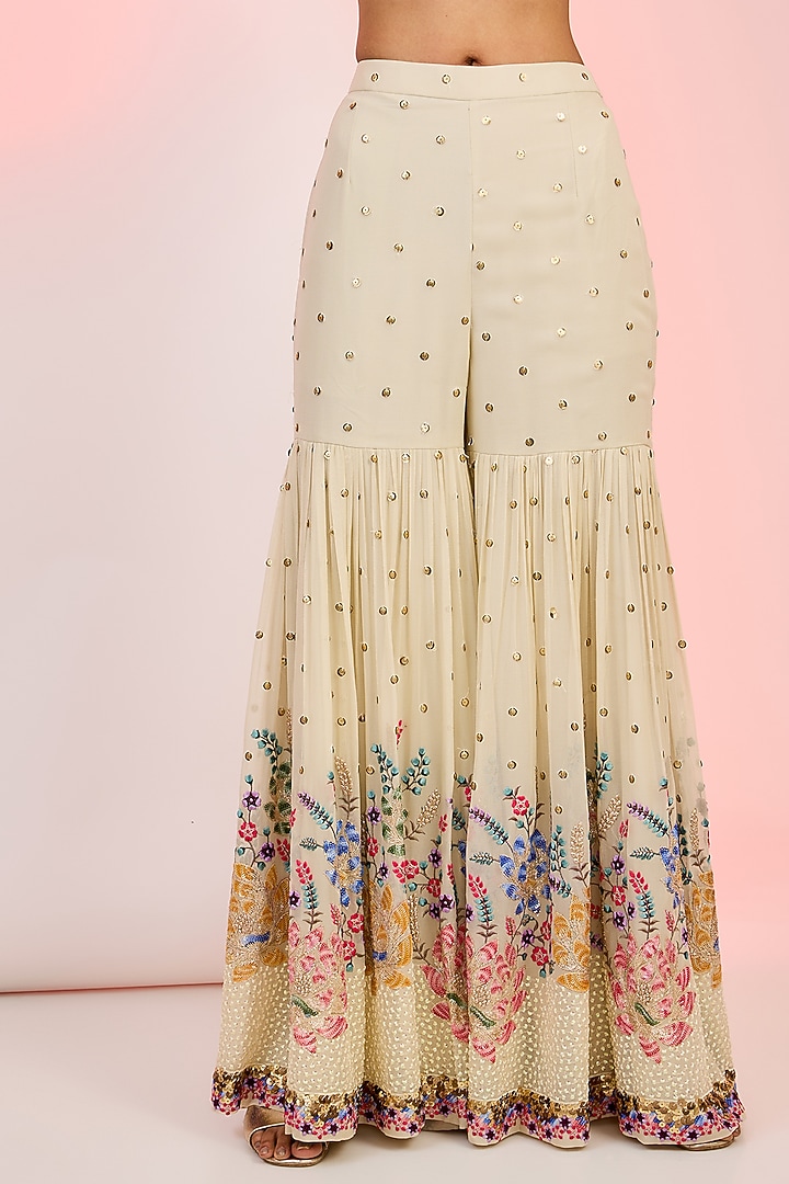 Beige Tissue Beads Hand Embellished Party Wear Sharara Set by MeenaGurnam at Pernia's Pop Up Shop