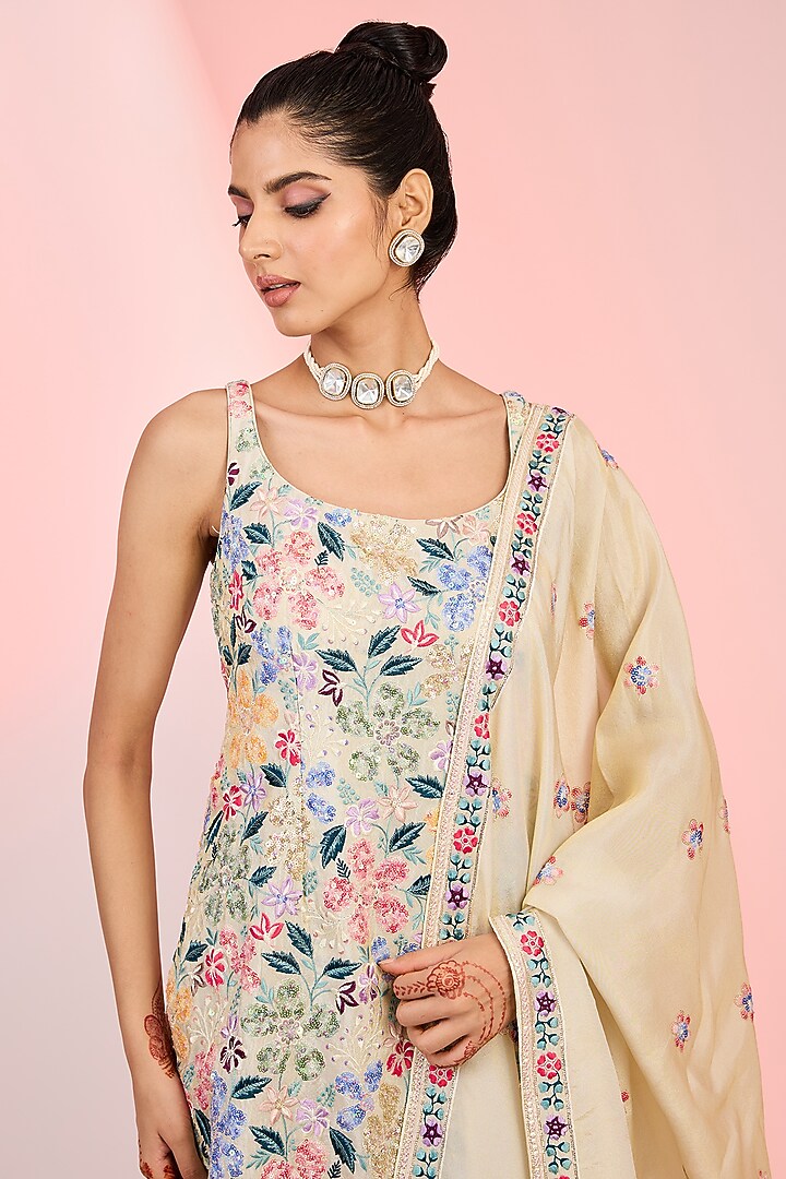 Beige Tissue Beads Hand Embellished Party Wear Sharara Set by MeenaGurnam at Pernia's Pop Up Shop