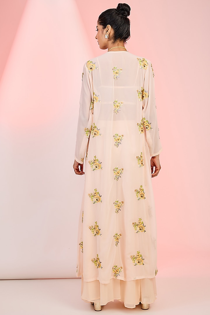 Peach Georgette Floral Hand Embellished Party Wear Sharara Set by MeenaGurnam at Pernia's Pop Up Shop