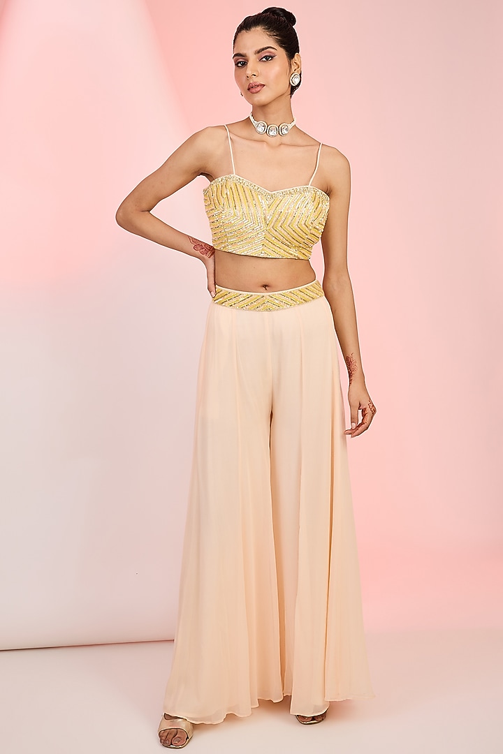 Peach Georgette Floral Hand Embellished Party Wear Sharara Set by MeenaGurnam at Pernia's Pop Up Shop