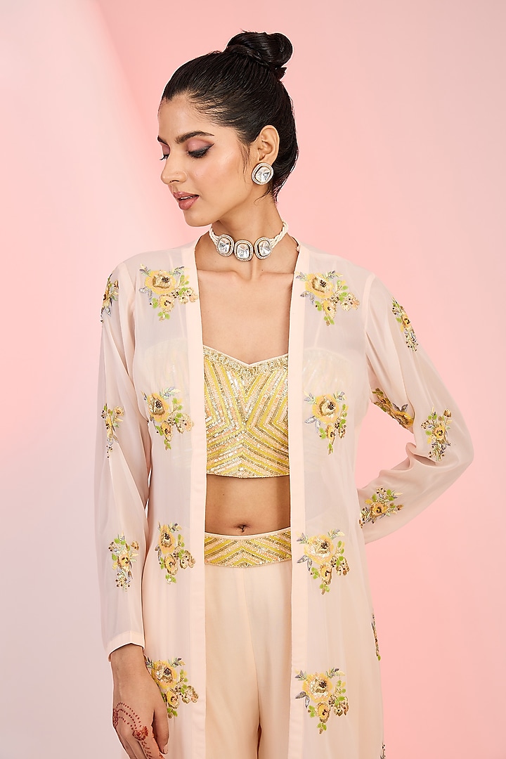 Peach Georgette Floral Hand Embellished Party Wear Sharara Set by MeenaGurnam at Pernia's Pop Up Shop