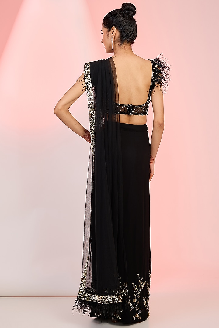Black Georgette Sequins Hand Embellished Draped Sharara Wedding Saree Set by MeenaGurnam at Pernia's Pop Up Shop