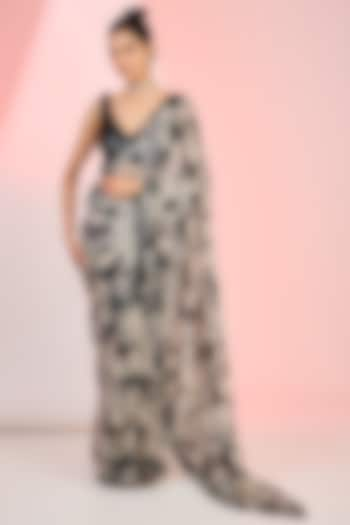 Black & White Organza Floral Printed Saree Set by MeenaGurnam at Pernia's Pop Up Shop