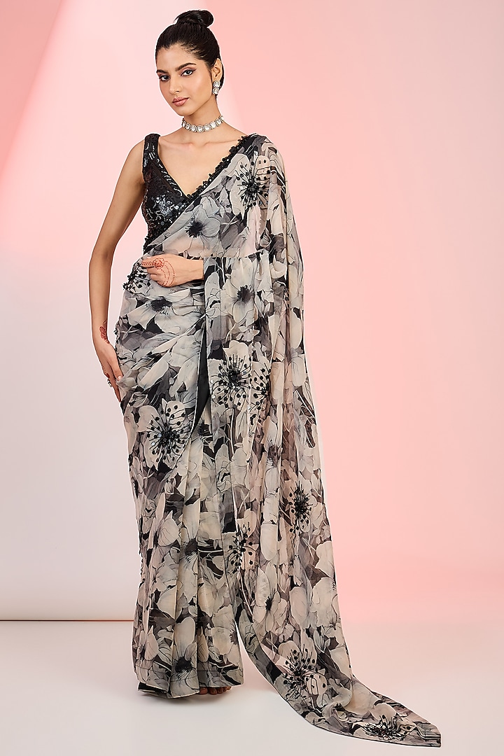 Black & White Organza Floral Printed Saree Set by MeenaGurnam at Pernia's Pop Up Shop