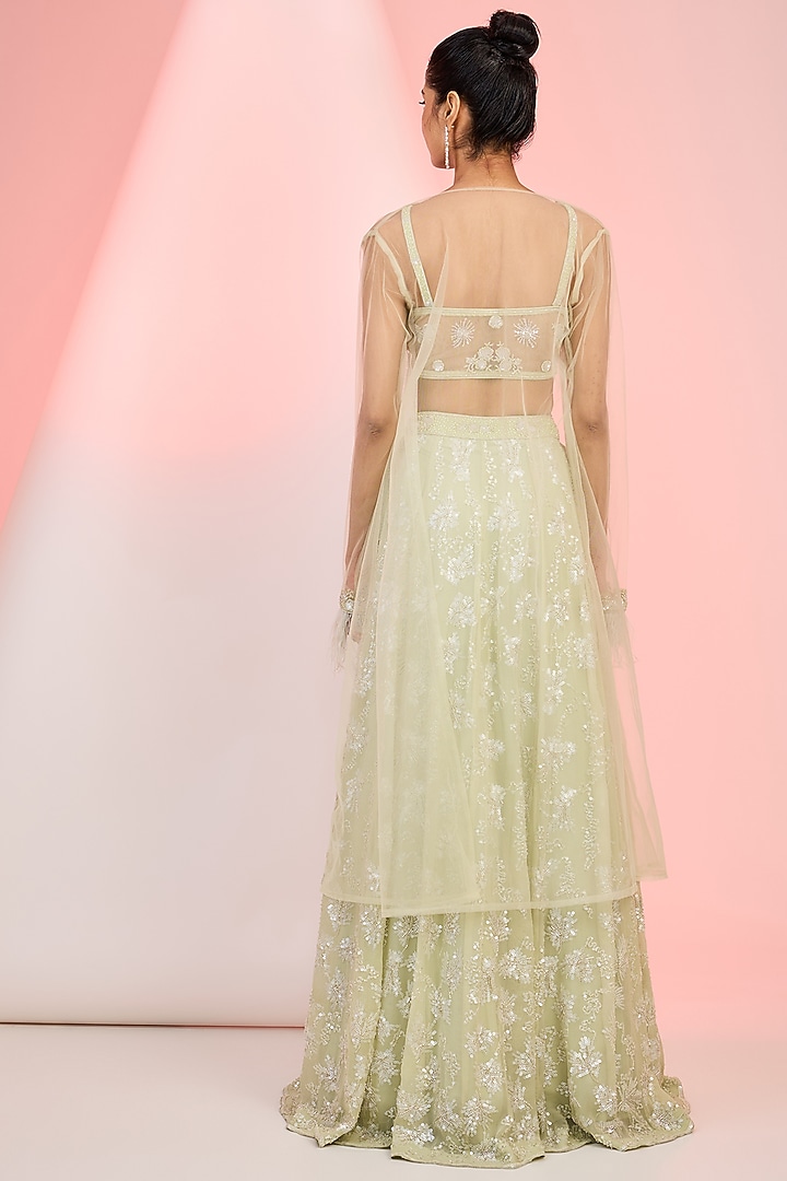 Pista Green Net Sequins Embroidered Jacket Wedding Lehenga Set by MeenaGurnam at Pernia's Pop Up Shop