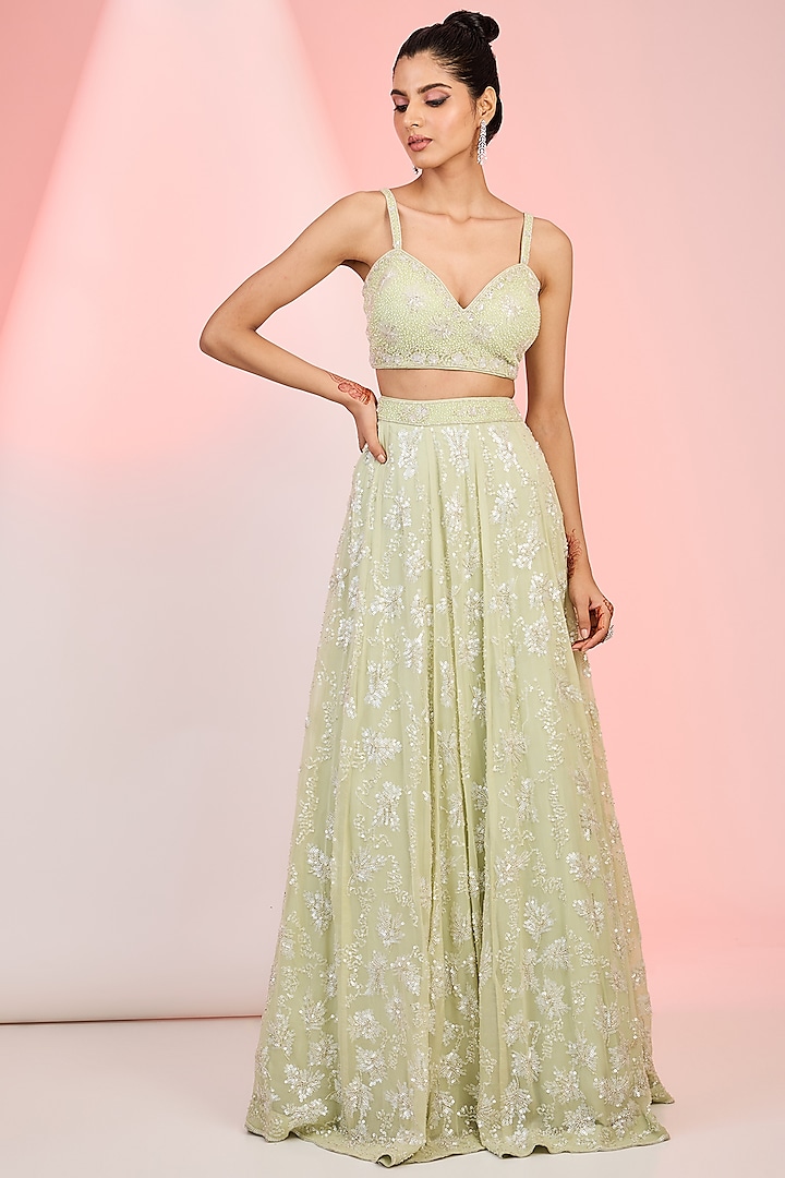 Pista Green Net Sequins Embroidered Jacket Wedding Lehenga Set by MeenaGurnam at Pernia's Pop Up Shop