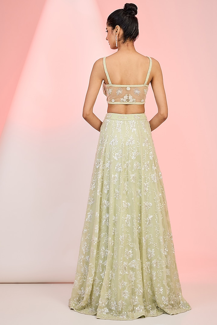 Pista Green Net Sequins Embroidered Jacket Wedding Lehenga Set by MeenaGurnam at Pernia's Pop Up Shop