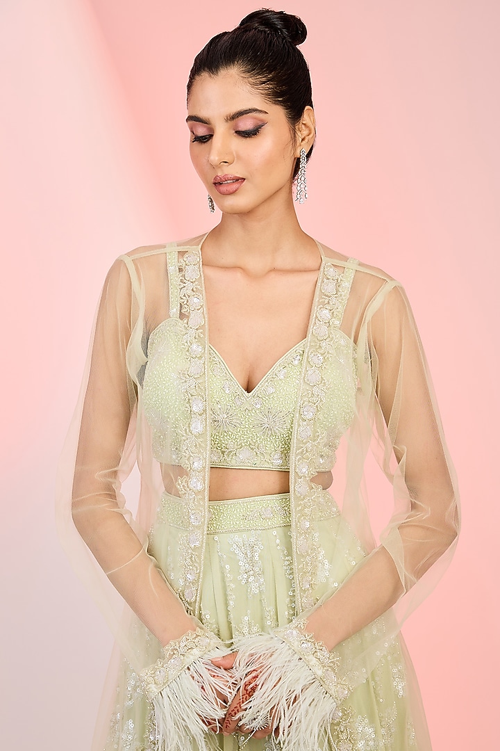Pista Green Net Sequins Embroidered Jacket Wedding Lehenga Set by MeenaGurnam at Pernia's Pop Up Shop