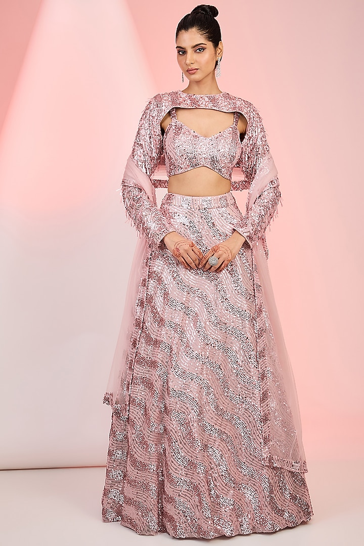 Pink Net Sequins Line-Style Embroidered Lehenga Set by MeenaGurnam