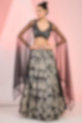 Black Organza Floral Printed Lehenga Set by MeenaGurnam at Pernia's Pop Up Shop