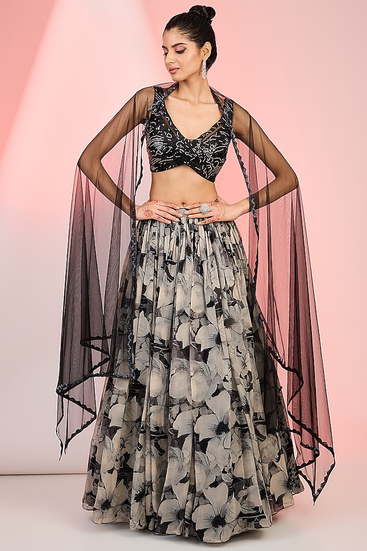 Black Organza Floral Printed Lehenga Set by MeenaGurnam at Pernia's Pop Up Shop