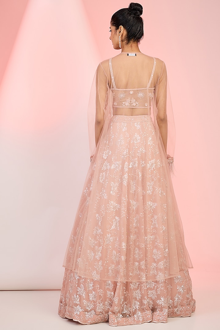 Peach Net Sequins Embroidered Jacket Wedding Lehenga Set by MeenaGurnam at Pernia's Pop Up Shop