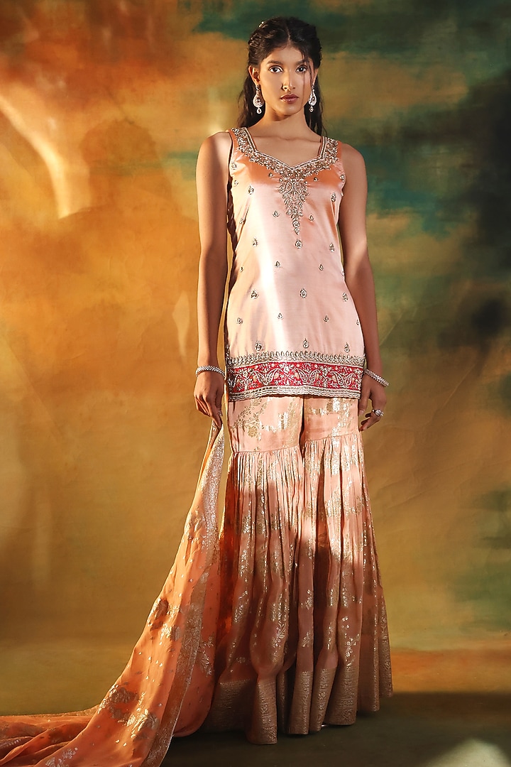 Gold Jacquard Hand Embroidered Wedding Sharara Set by MeenaGurnam at Pernia's Pop Up Shop