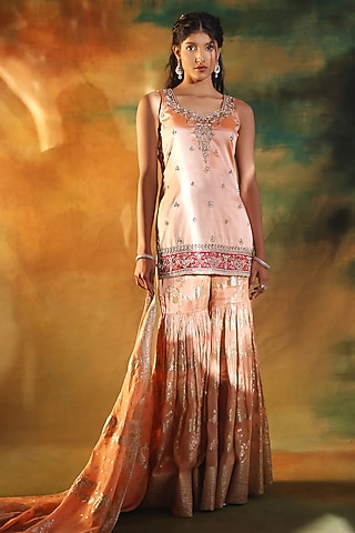 Gold Jacquard Hand Embroidered Sharara Set by MeenaGurnam